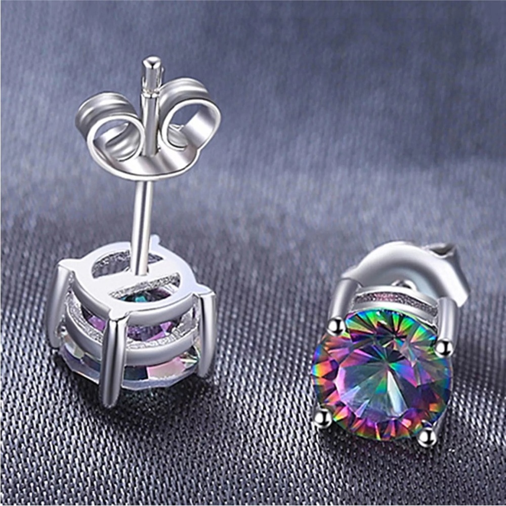Natural Colourful Rainbow Stone Jade Earrings Silver Plated Round Four Claws